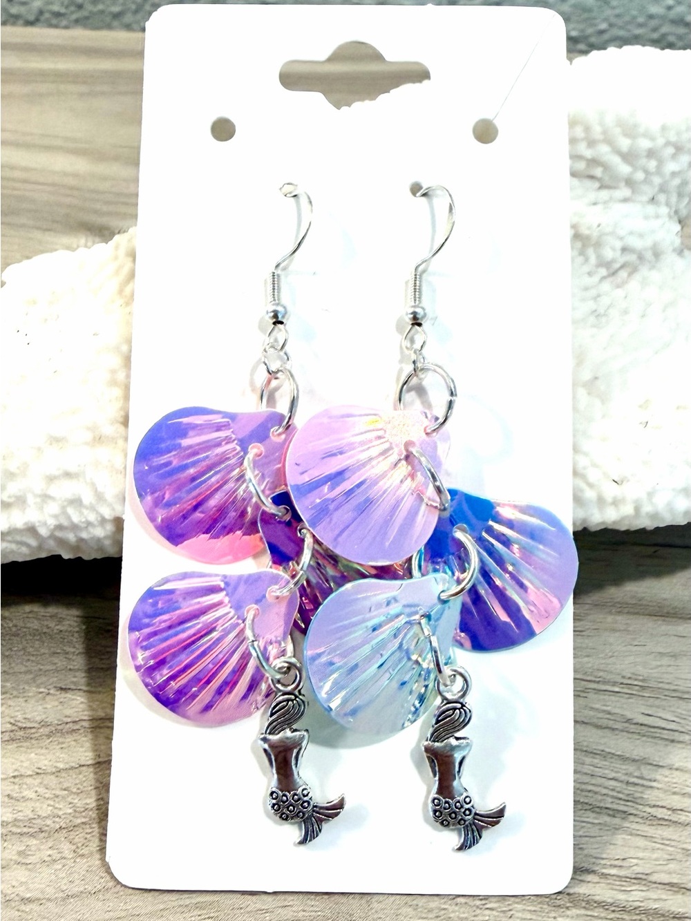 112. Iridescent Purple Pink Shell Dangle Earrings with Mermaid Charm